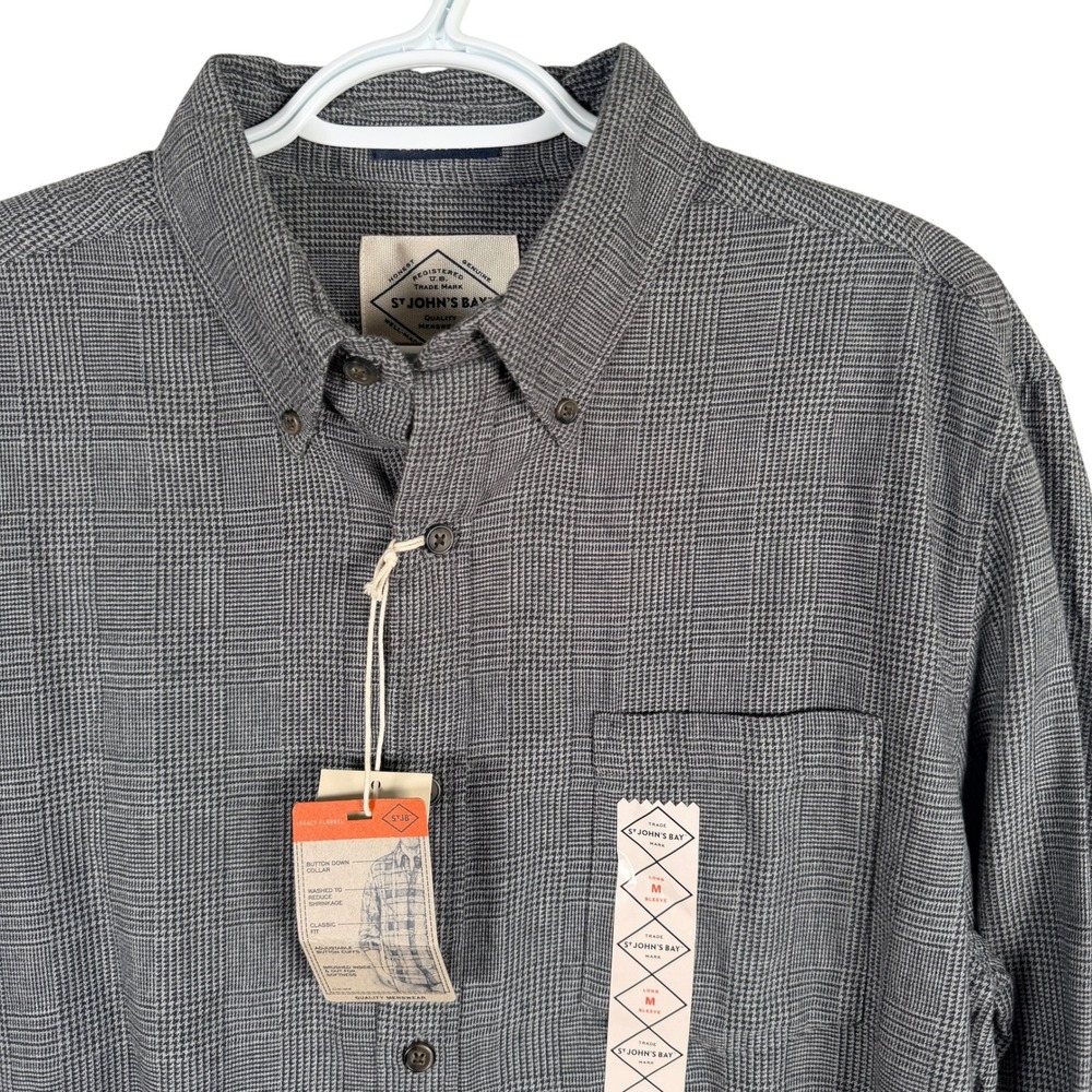 St John's Bay Flannel Shirt Button Down Mens M Grey Glen Plaid Classic Fit NEW